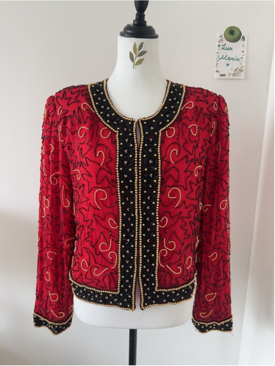 Laurence Kazar Jackets & Blazers - Vintage Lawrence Kazar Red Beaded Jacket Gold Embellished Evening Bolero XL